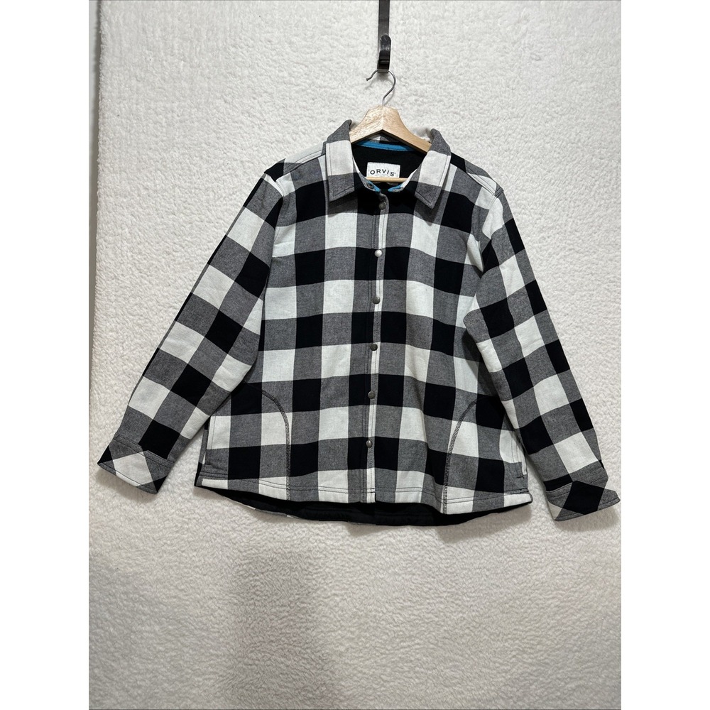 Orvis Women's Black White Flannel Fleece Lined Snap Button‎ Jacket Size XL, 2XL?